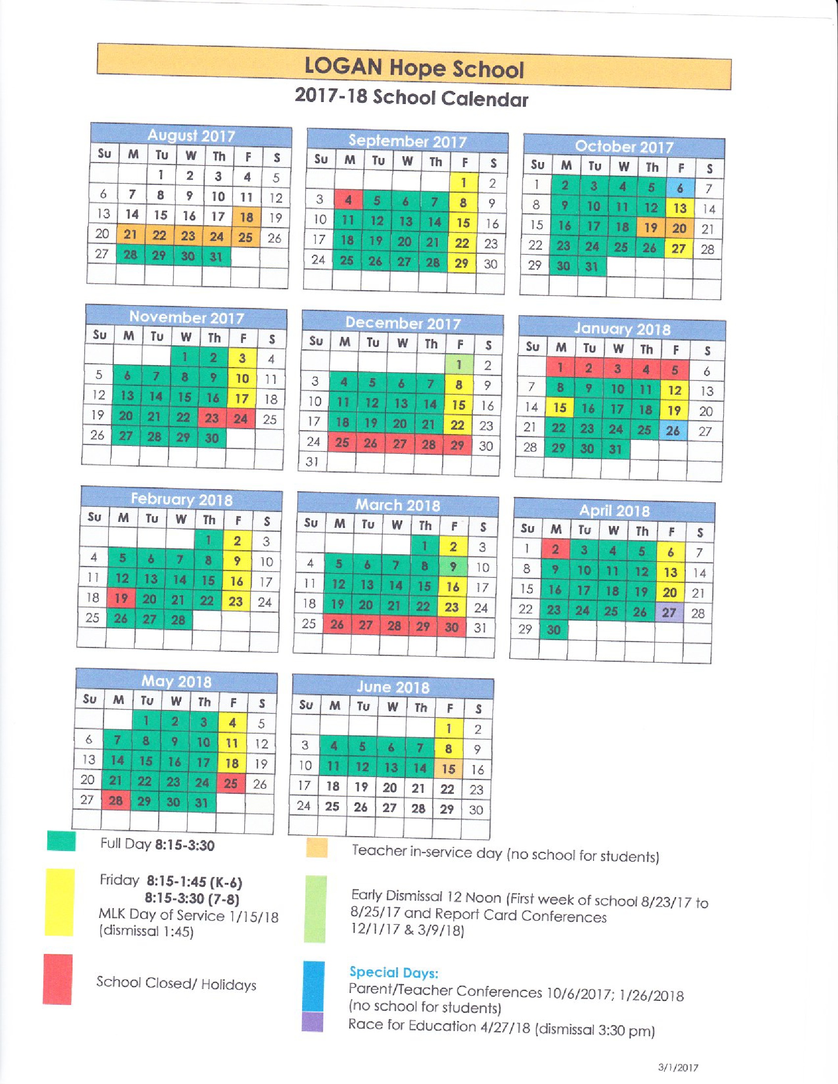 School Calendar and Parent Updates LOGAN Hope School